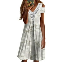 Небрежни рокли за жени отпечатани мини v-образно деколте със средна дължина с къс ръкав бежов XL