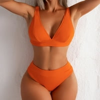 Женски висок талия с твърд цвят сплит бикини с гръдна подложка без стоманен сутиен бански костюм оранжев L