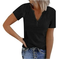 Летни ризи за жени тънък прилепват блузи облечени ежедневни оребрени тениски с къс ръкав тениски v-образен пуловер солиден цветен печат върхове черни продажби