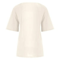 Дамски блузи за женски памук и бельо лято и есен ретро небрежен хлабав памук и бельо с къс ръкав тениска бежово l