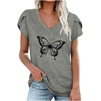 Летни жени Сладки графични тениски върхове Дами модерни ежедневни свободни годни капачки ръкав v врата пеперуда печат блуза тийнейджъри туника блуза