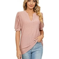 Дамски бутер ръкав летни върхове издълбани къси ръкави блузи модни ежедневни тениски с тениски за шия на шията солиден цвят пуловер