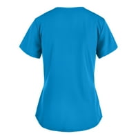 Cacommark pi дамски върхове плюс размери разстояние жени къси ръкав v-образно деколте работещи униформени плътни цветни джобни блузи синьо