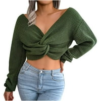 Twist предни пуловери за жени за жени секси обвивка v шия с дълъг ръкав пуловер