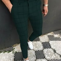 Symoid Mens ежедневни панталони- модни удобни панталони ежедневни карирани плоски фронт кльощави бизнес молив дълга армия зелено l