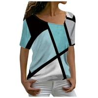 Дамска модна ежедневна темперамент v шия свободен геометричен щампа с къс ръкав тениска отгоре xxl