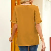 Ново лято женско облекло дамски върхове модни жени ежедневни върхове V-образно деколте върхове с къс ръкав плътни блузи бутон надолу тениски жълт xl